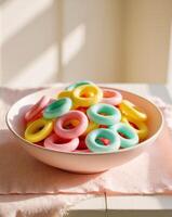 Colorful Candy Rings in a Bowl Ready for Snacking at a Cheerful Gathering During the Afternoon. photo