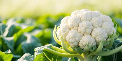 A close up of a head of cauliflower growing in a field. photo