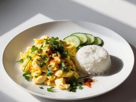 Scrambled eggs topped with herbs and spices served with rice and cucumber slices. photo