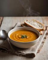 Steaming Butternut Squash Soup Served with Rustic Bread. photo
