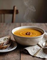 Steaming Butternut Squash Soup Served with Rustic Bread. photo