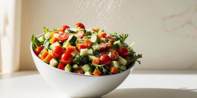 Fresh Colorful Vegetable Salad in a Bowl with Diced Ingredients and a Sprinkle of Cheese on a Light Background for Healthy Eating and Culinary Concepts. photo