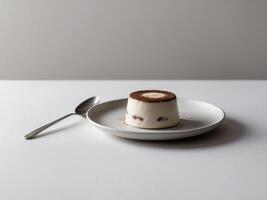 tiramisu dessert on plate with spoon and blank space for text. photo