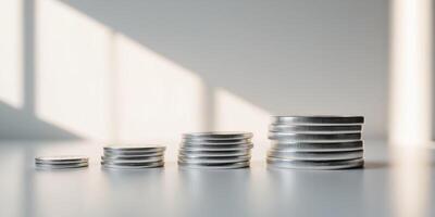 Three Stacks of Silver Coins Growing in Size. photo