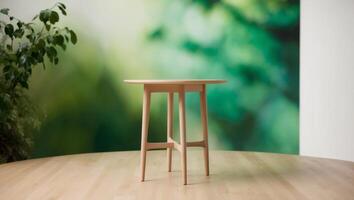 Wooden Table with Blurred Green Nature Background for Product Display. photo