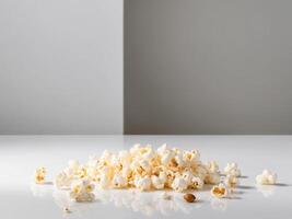 Freshly popped popcorn scattered on a bright surface with kernels nearby. photo