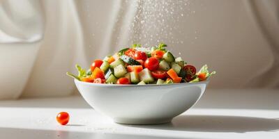 Fresh Colorful Vegetable Salad in a Bowl with Diced Ingredients and a Sprinkle of Cheese on a Light Background for Healthy Eating and Culinary Concepts. photo