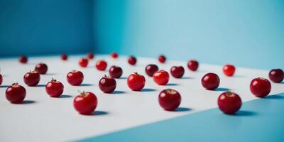 A blue background with a bunch of red berries on it. photo