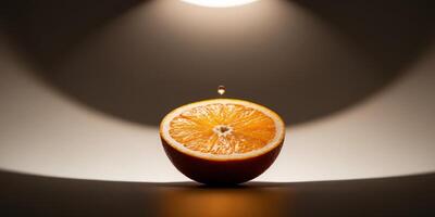 Fresh orange slice on dark background with spotlight. photo