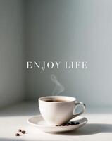 Motivation phrase Enjoy Life on light blue background with a cup of coffee. photo