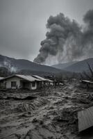 Devastated valley landscape post volcanic eruption with homes ravaged by mudflow disaster. photo