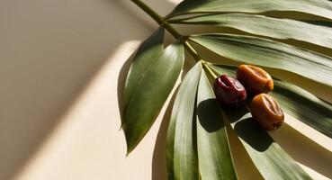 Dates and Palm Leaf with Sunlight and Shadows. photo