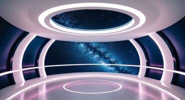 Futuristic Circular Space Corridor with Neon Lights and Starry Background. photo