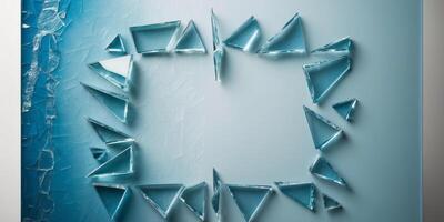 Broken Glass Shards Creating a Frame on a Textured Blue Background. photo
