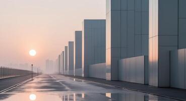 Morning sun brightens a quiet street with skyscrapers. photo