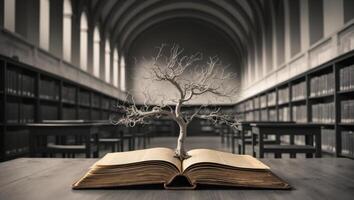 Book with tree growing from pages in a library setting during evening light. photo