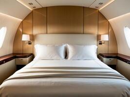 Empty double bed with white sheets is ready for a passenger in a private jet suite. photo