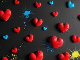 abstract grunge textured red hearts of different sizes scattered across dark background with splashes of colors. photo