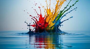Splashes of colored ink falling into water on blue background. photo