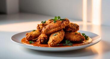 Crispy Fried Chicken Wings with Spicy Sauce and Parsley. photo