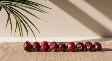 Row of Red Dates with Palm Fronds on a Burlap Surface. photo