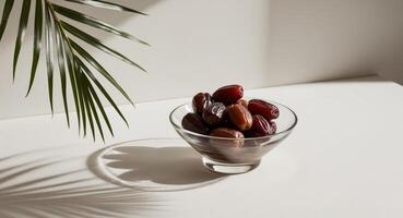 Dates in a Glass Bowl with Palm Leaf Shadow. photo