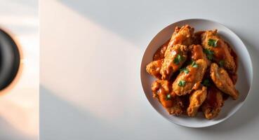 Crispy Fried Chicken Wings with Spicy Sauce and Parsley. photo