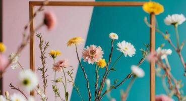 A Floral Frame of Assorted Flowers and Twigs on a Teal Background. photo