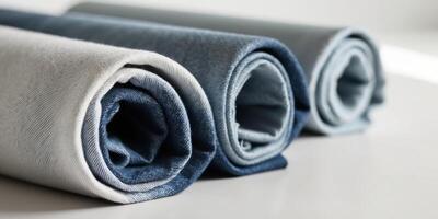 Close Up of Rolled Denim Fabric in Various Shades of Blue. photo