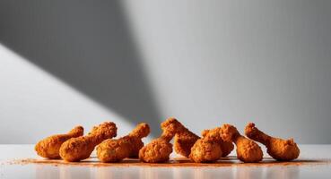 Crispy Fried Chicken Pieces with Spicy Dust on Black Background. photo