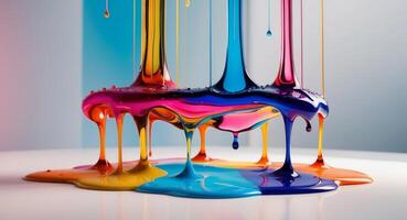 Dripping Multicolored Viscous Liquid with Blurry Background. photo