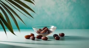 Dates in a Glass Bowl Surrounded by Palm Leaves on a Turquoise Background. photo