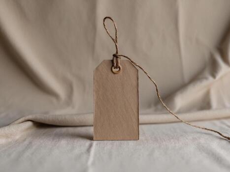 Blank Kraft Paper Tag With Rustic String Loop on Textured Fabric Background. photo