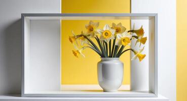 Blooming yellow daffodils in a white ceramic pot and a gray mock up frame on a white shelf on a yellow background with copy space. photo