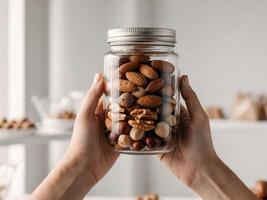 Hands holding a glass jar filled with nuts in a packaging free grocery with a blurry background. photo