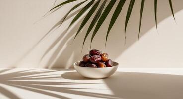 Dates in a White Bowl with Palm Leaf Shadows. photo