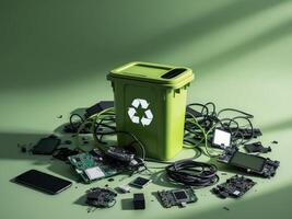 Electronic waste disposal concept featuring a recycling bin surrounded by electronic devices and components on a green background. photo
