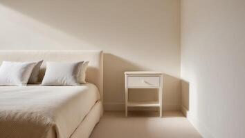cómodo cama y mesita de noche con blanco marco en hermosa dormitorio ajuste. foto