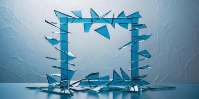 Broken Glass Shards Creating a Frame on a Textured Blue Background. photo