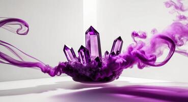 Crystal Formations Emerging from Purple Smoke. photo
