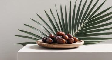 Dates on a Wooden Platter with Palm Leaf in the Background. photo