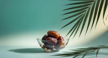 Dates in a Glass Bowl Surrounded by Palm Leaves on a Turquoise Background. photo
