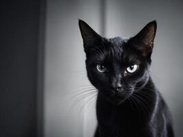 Black cat with striking eyes and intense expression in low light. photo