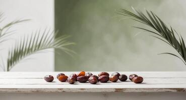 Dates and Palm Leaves on Wooden Table with Blurred Green Background. photo