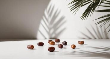 Dates and Palm Leaf Shadows on a White Surface. photo