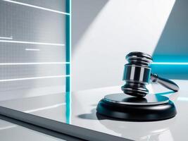 Exploring the intersection of artificial intelligence and robotic law featuring a gavel on a futuristic digital backdrop. photo