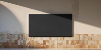 Black billboard mockup on a tiled wall with sunlight. photo
