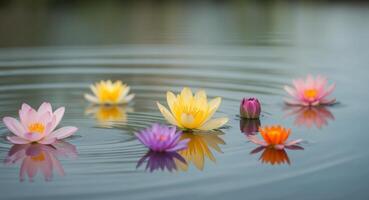 Colorful Flowers Floating on a Calm Pond Surface. photo