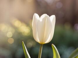 Beautiful tulip blooming in soft sunlight at a garden. photo
