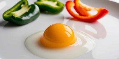 Close up of an egg yolk with a slice of pepper and green peppers in the background. photo
